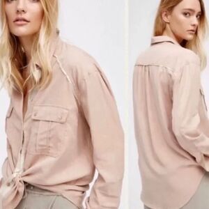 FREE PEOPLE  Button Down Top Shirt  Blush Silver Metallic Trim Blouse  SZ S EUC
